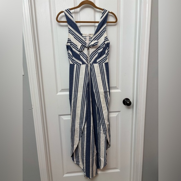 Taylor & Sage Pants - Blue Linen-Blend Striped Wide Leg Jumpsuit | Taylor & Sage S